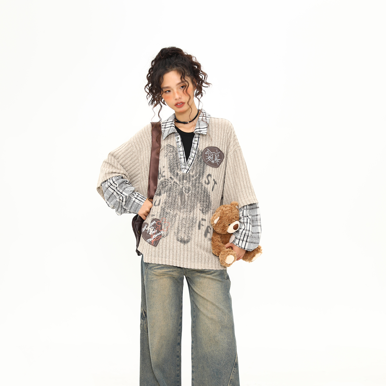 美式復古小熊圖案V領長袖T恤女秋季假兩件翻領設計感上衣