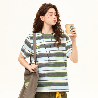 美式復古撞色條紋短袖T恤女夏季短寬版顯瘦潮流正肩上衣