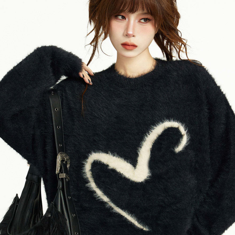 黑色套頭毛衣女秋冬冬季寬鬆慵懶風針織軟糯馬海毛加厚長款設計感