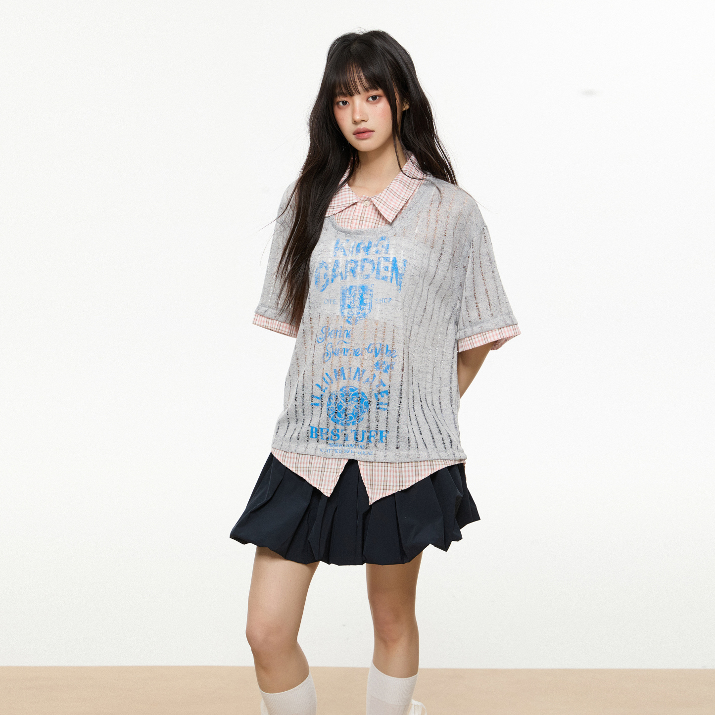 罩衫假兩件短袖t恤女2025夏季新款寬鬆襯衫領氣質套頭上衣女