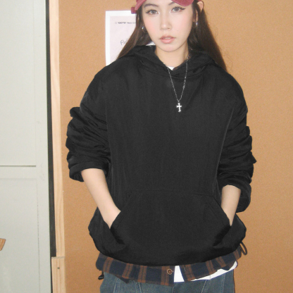 黑白色寬鬆廓形加厚保暖套頭氣絨棉服連帽衛衣夾克外套女士冬