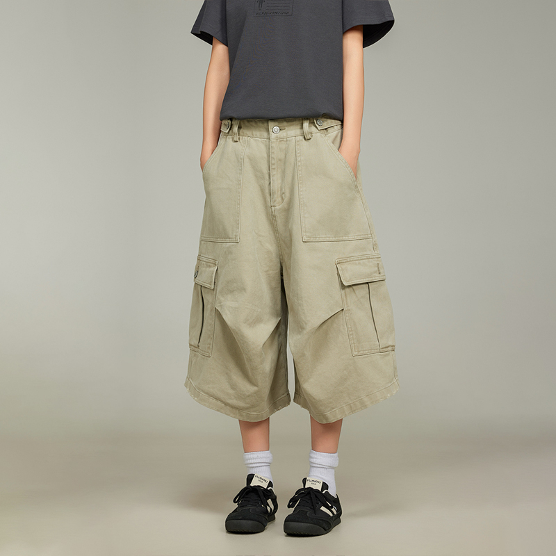 美式復古潮牌多口袋七分褲女新款百搭寬鬆顯瘦工裝短褲