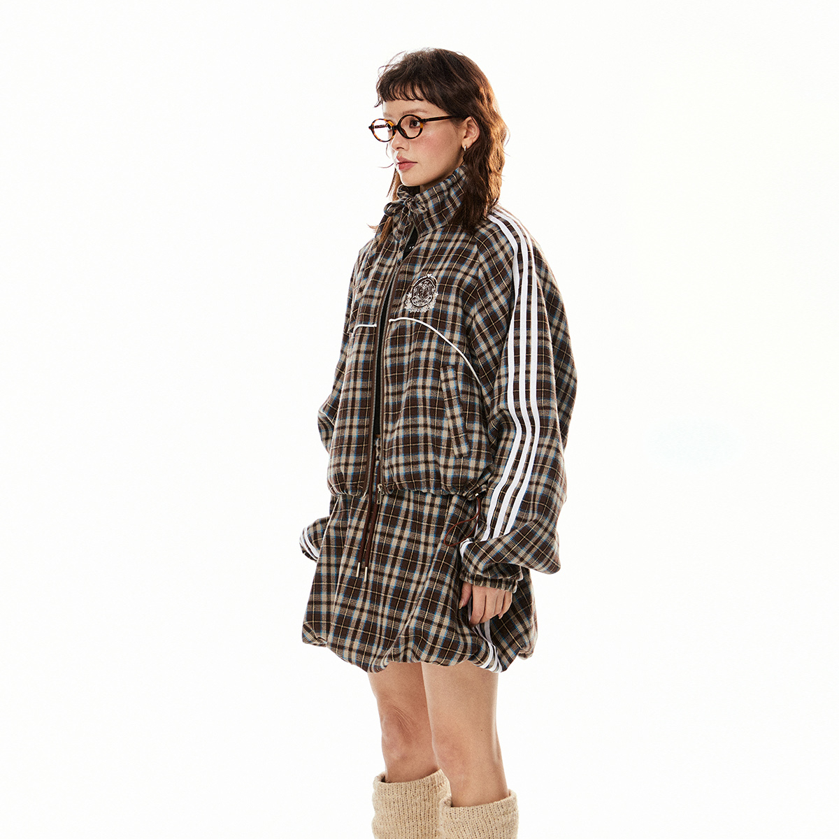 美式復古格子短款寬鬆外套套裝女春秋小個子短半身裙兩件套