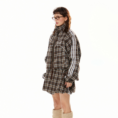 美式復古格子短款寬鬆外套套裝女春秋小個子短半身裙兩件套