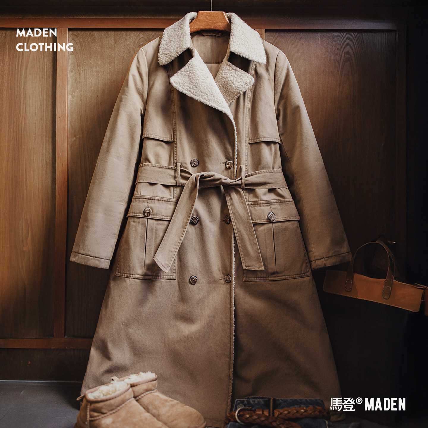 中長款雙排扣收腰戰壕風衣仿羊羔毛大衣棉服加厚外套女士秋冬