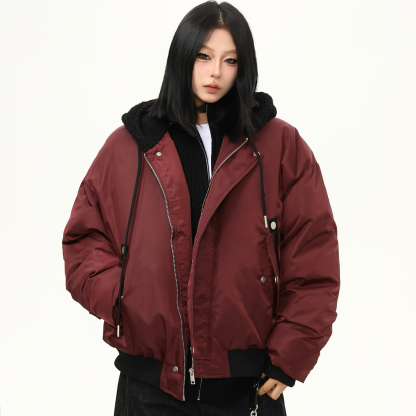 冬季加厚飛行員連帽棉服外套女美式復古寬鬆百搭棉衣