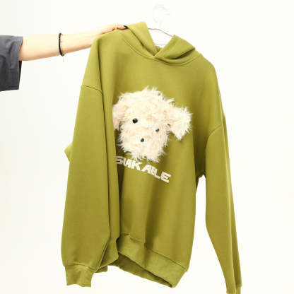 美式復古毛絨小狗刺繡連帽衛衣女秋冬百搭休閒寬鬆外套