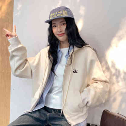 復古麂皮衛衣女新款休閒韓版短款繡花拉鍊開衫外套通勤