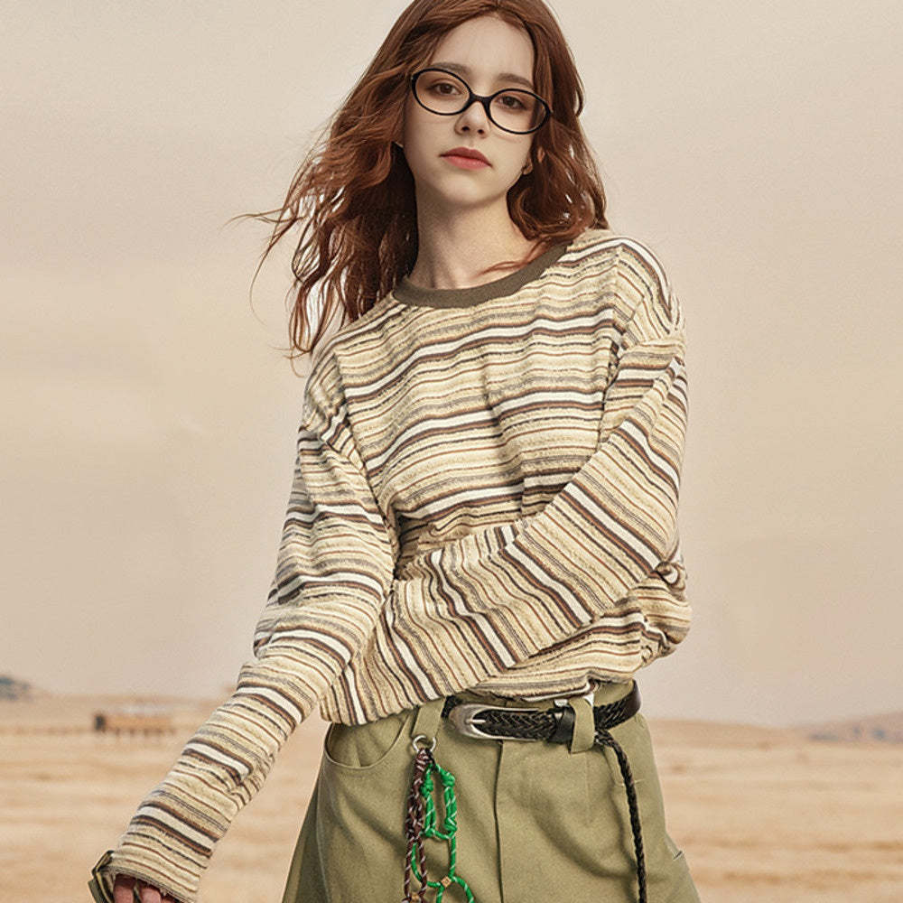 街頭潮牌復古拼接條紋長袖t恤女春秋新款美式寬鬆套頭上衣