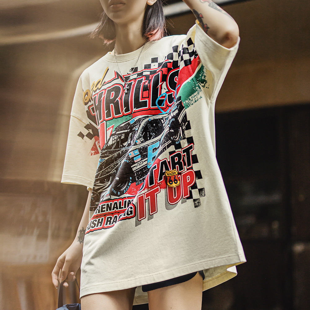復古oversize賽車插畫落肩T恤高街慵懶寬鬆遮肉純棉短袖夏女
