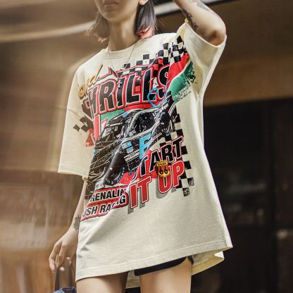 復古oversize賽車插畫落肩T恤高街慵懶寬鬆遮肉純棉短袖夏女