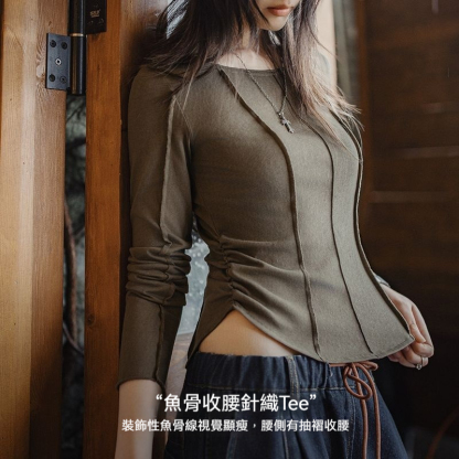 大領口薄款針織正肩長袖t恤魚骨收腰修身上衣打底罩衫女士夏