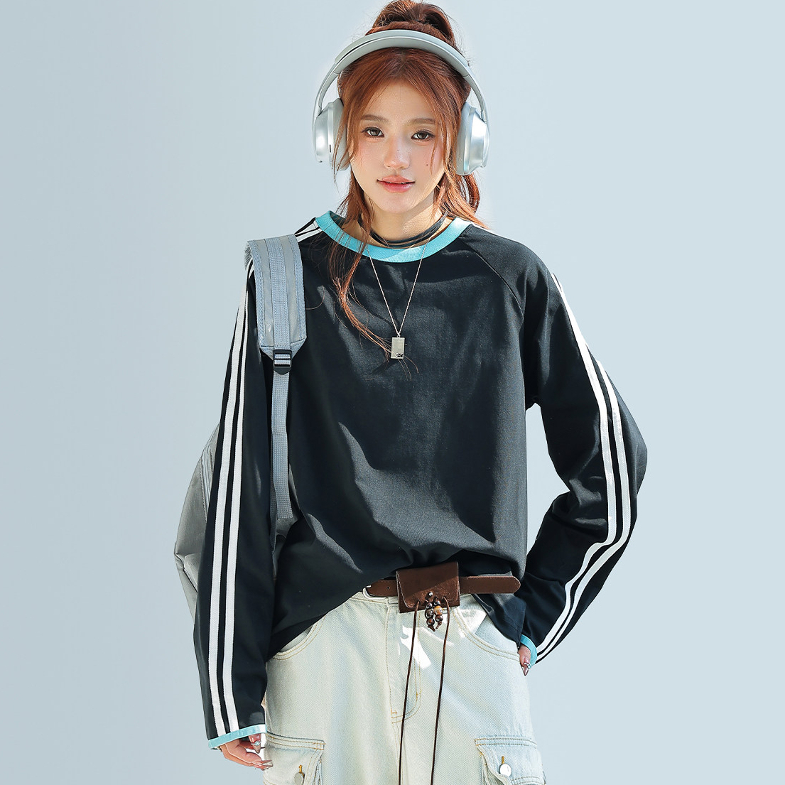 美式復古撞色拼接條紋長袖t恤女索羅娜圓領寬鬆上衣