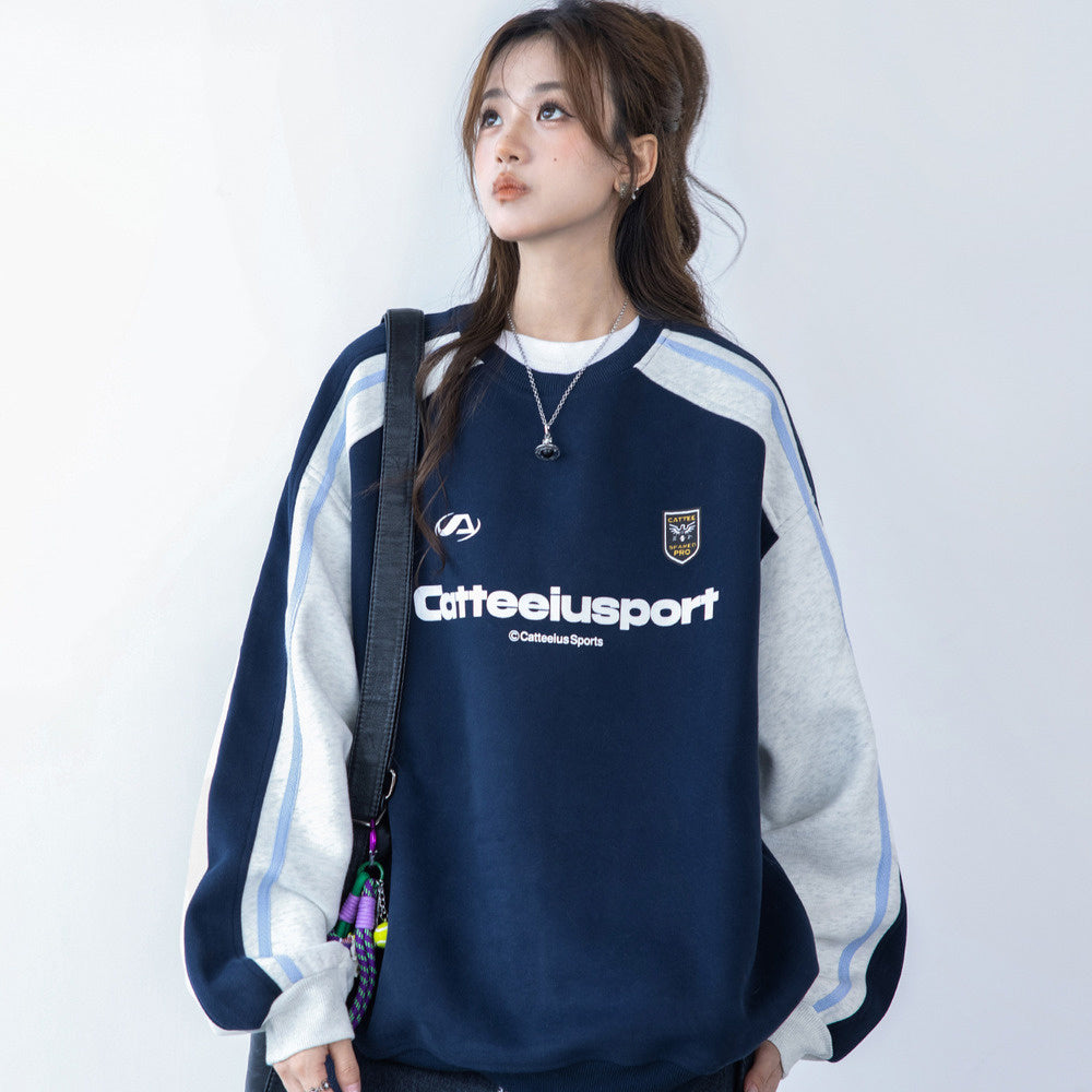 圓領衛衣女春秋oversize潮牌高級感印花拼色寬鬆上衣