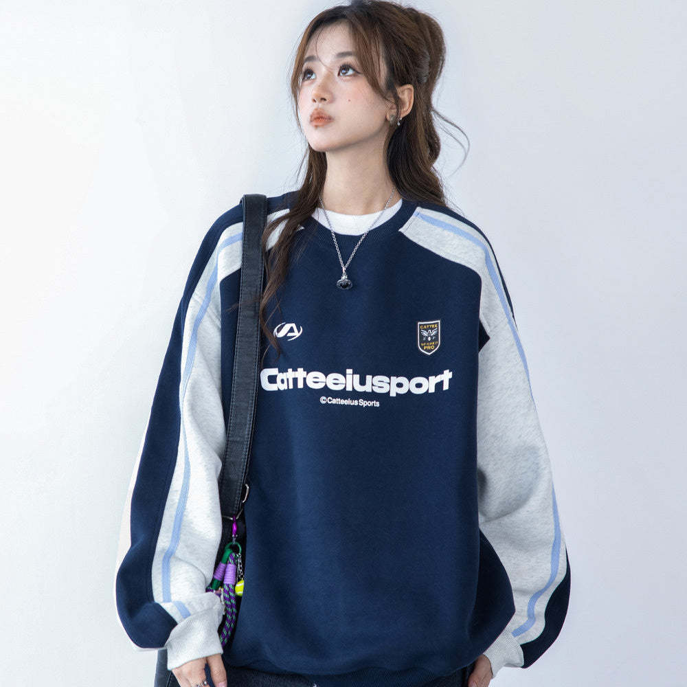 圓領衛衣女春秋oversize潮牌高級感印花拼色寬鬆上衣