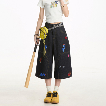 趣味刺繡牛仔七分褲女夏季做舊水洗寬鬆直筒休閒百搭短褲