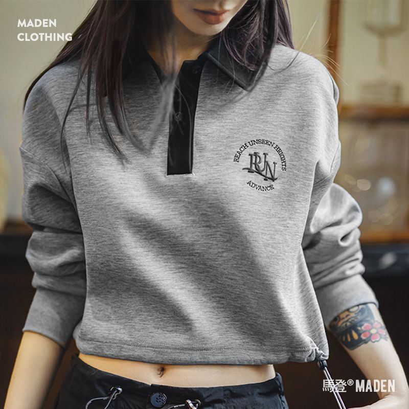 復古格雷系空氣層運動Polo領衛衣小心機顯腰健身長袖春季上衣