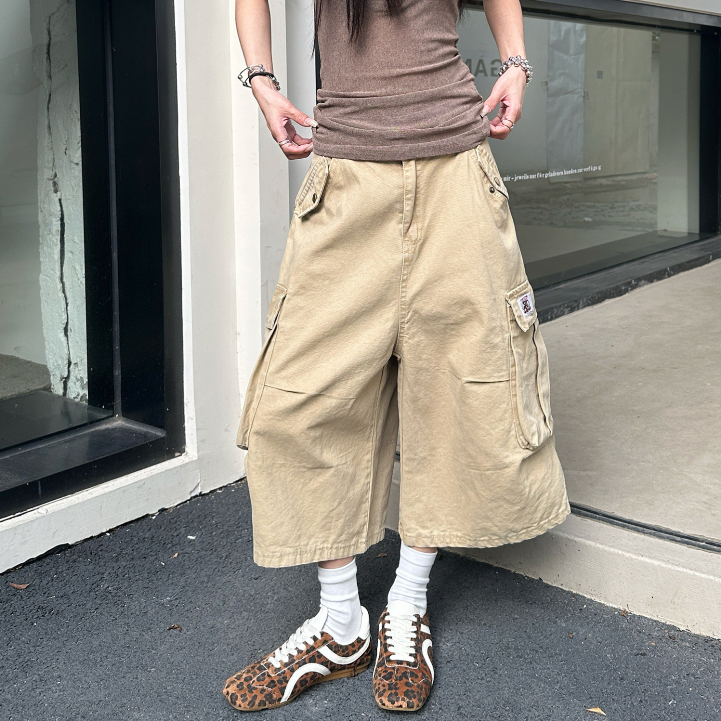 美式復古多口袋工裝褲女夏季七分褲潮寬鬆闊腿潮流短褲子