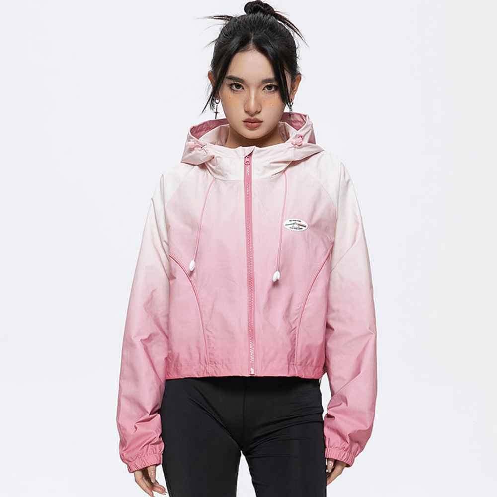漸變設計感潮牌甜美短款外套女連帽衝鋒衣辣妹粉色短夾克