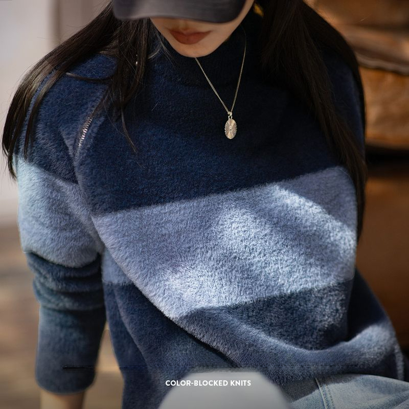 馬登女裝 美式拼色仿水貂絨毛衣寬鬆慵懶毛茸茸針織衫套頭圓領上衣冬女