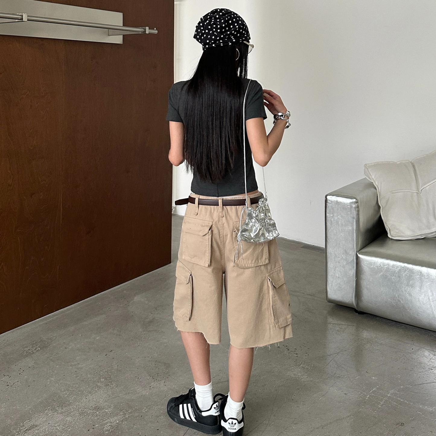 美式休閒工裝七分褲女夏季寬鬆百搭中褲