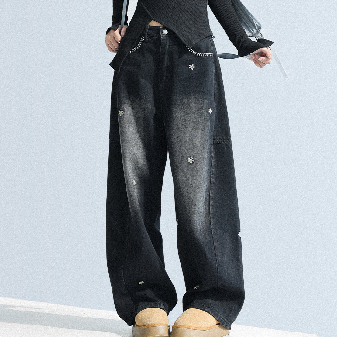 春夏新款花朵刺繡牛仔褲女闊腿寬鬆顯瘦褲子彎刀褲