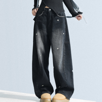 春夏新款花朵刺繡牛仔褲女闊腿寬鬆顯瘦褲子彎刀褲