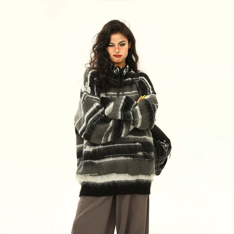 美式復古馬海毛條紋毛衣女春秋慵懶氛圍感情侶針織衫上衣