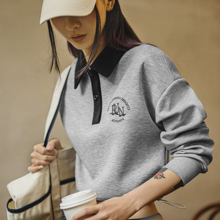 復古格雷系空氣層運動Polo領衛衣小心機顯腰健身長袖春季上衣