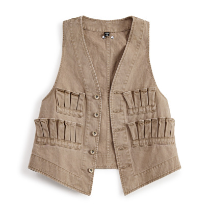 復古多口袋V領無袖工裝外搭套疊穿馬甲夾坎肩心上衣女士秋季