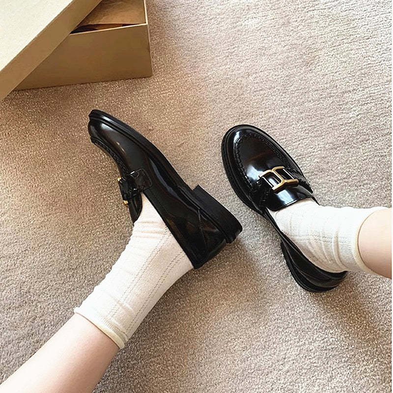 英倫復古風樂福鞋女新款平底單鞋咖色一脚蹬厚底小皮鞋