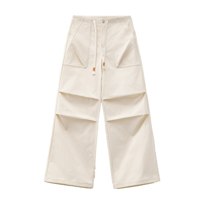 白色不貼腿直筒微喇叭寬鬆闊腿馬蹄工裝休閒拖地長褲子女士秋