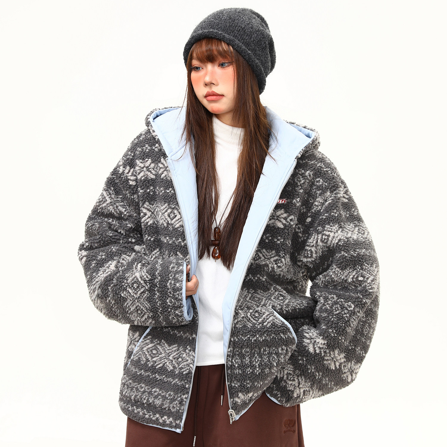 冬季復古費爾島羊羔絨雙面穿棉服女寬鬆氛圍感加厚外套