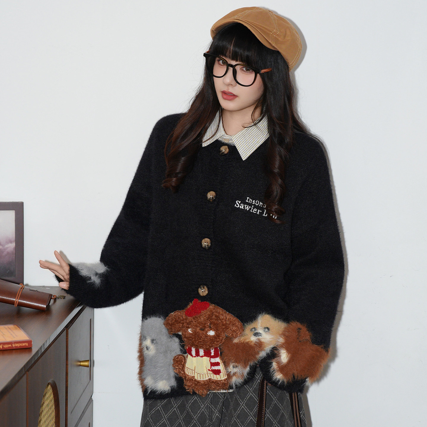 美式復古立體小狗刺繡針織毛衣女慵懶風寬鬆開衫外套
