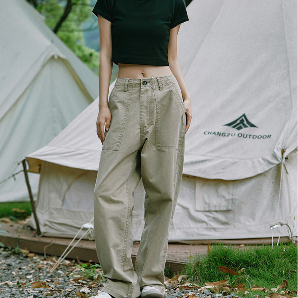 美式復古卡其色直筒工裝褲女百搭休閒褲寬鬆水洗闊腳褲