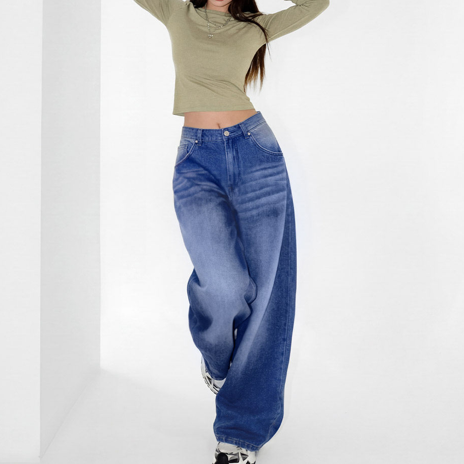 丹寧深藍色復古直筒闊腿水洗牛仔褲全純棉拖地長褲女士春秋