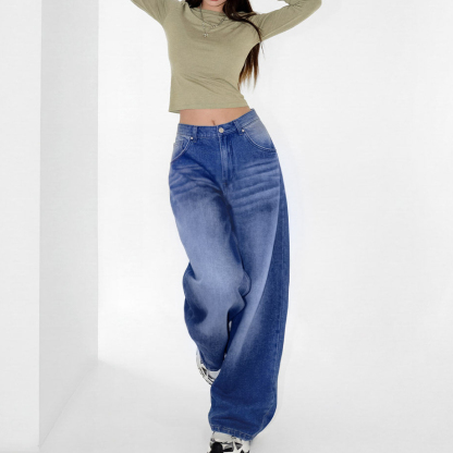 丹寧深藍色復古直筒闊腿水洗牛仔褲全純棉拖地長褲女士春秋