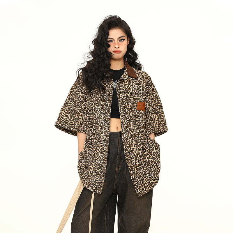 美式豹紋Polo領牛仔短袖女潮牌炸街外套