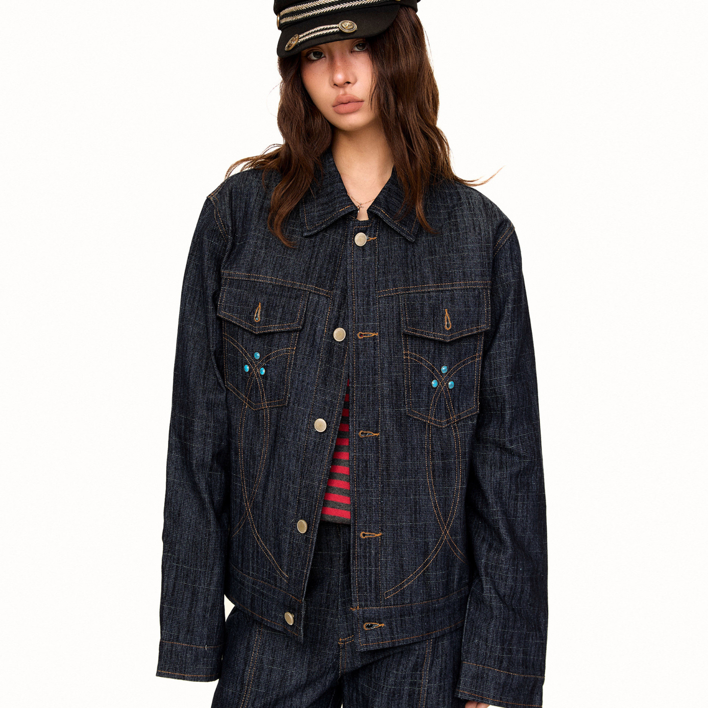 綠松石刺繡原色明線設計感拼接解構牛仔夾克女街頭風外套