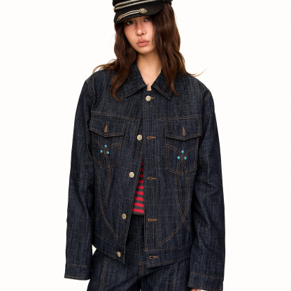 綠松石刺繡原色明線設計感拼接解構牛仔夾克女街頭風外套