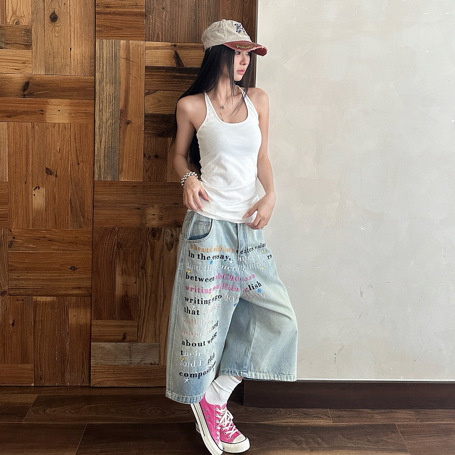 美式復古字母刺繡牛仔七分褲女夏季水洗做舊闊腿寬鬆短褲