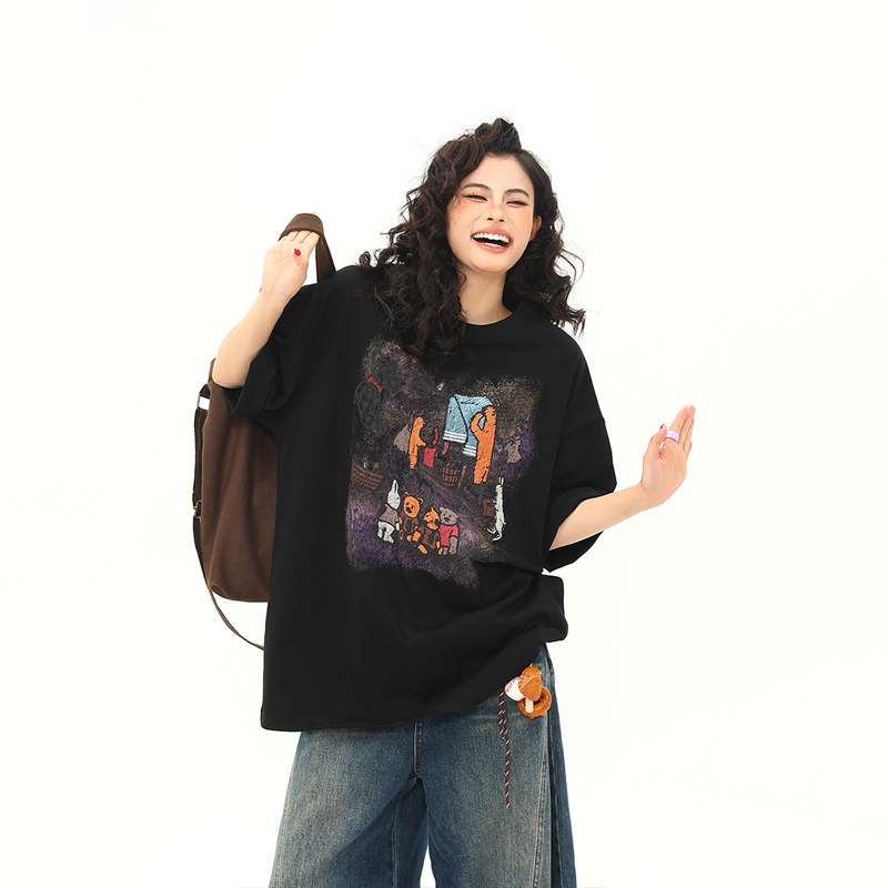 短袖T恤女美式復古卡通印花寬鬆百搭休閒圓領上衣