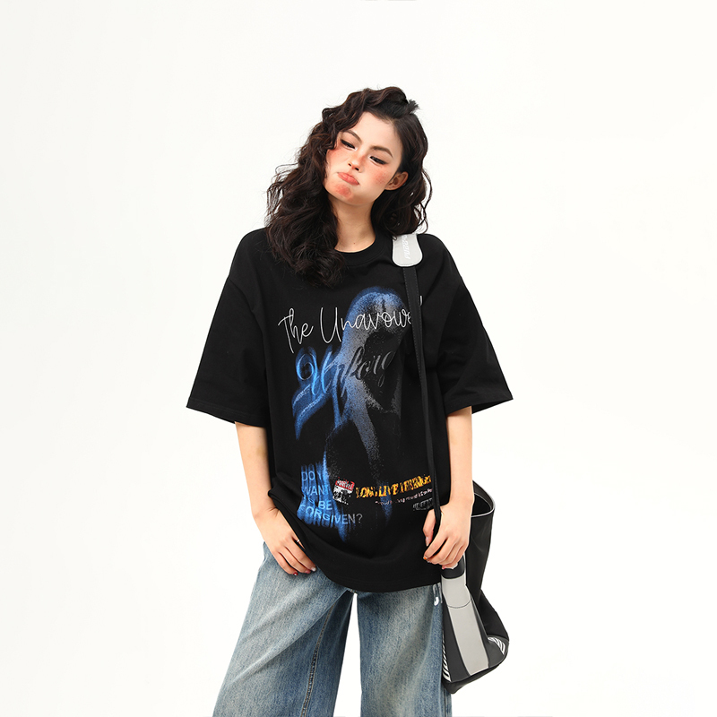 美式復古街頭設計感印花短袖T恤女夏季寬鬆百搭tee
