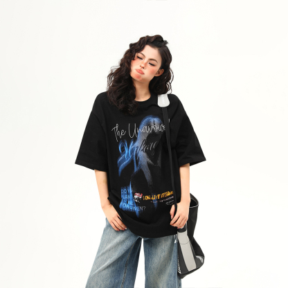 美式復古街頭設計感印花短袖T恤女夏季寬鬆百搭tee