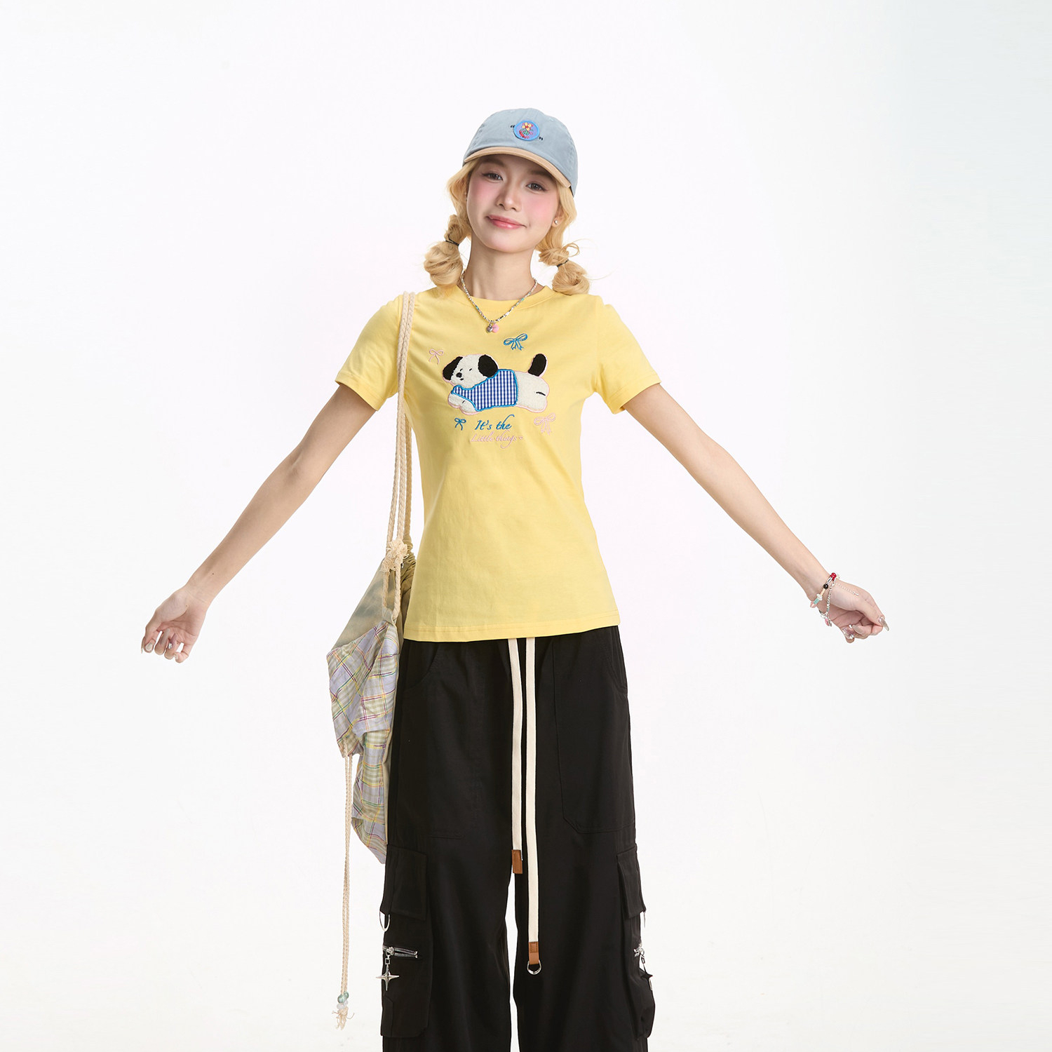 短袖女甜酷小狗植絨减齡T恤夏季修身顯瘦小個子百搭上衣