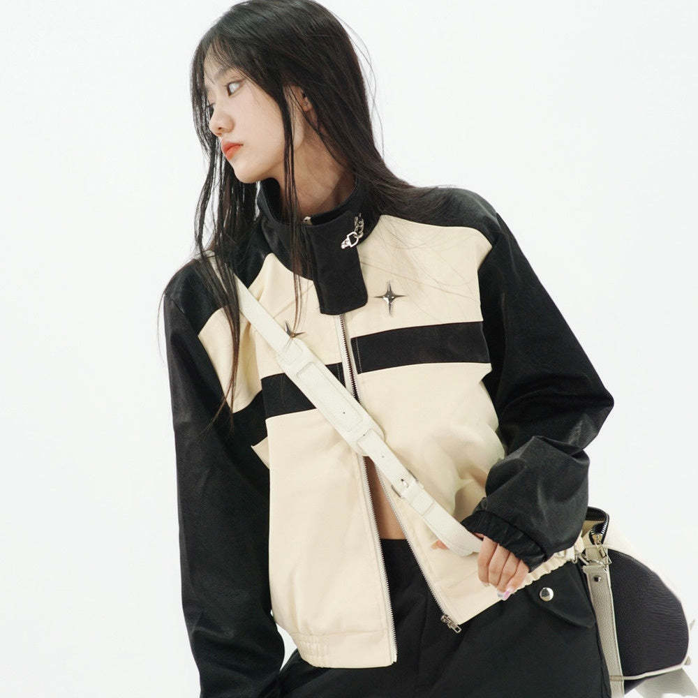 美式復古拼色短款皮衣女辣妹短外套秋季小眾原創設計感寬鬆