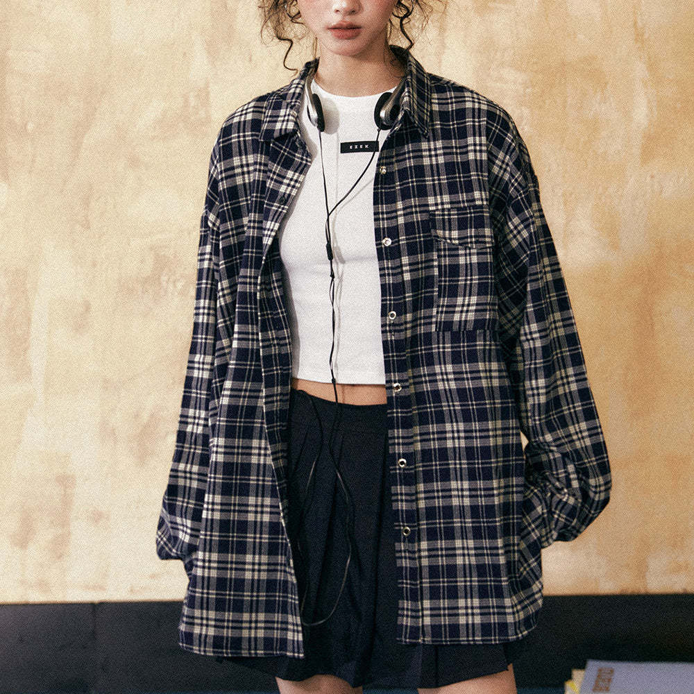 寬鬆時尚休閒格子襯衫女春秋新款翻領高街潮牌設計感百搭外套