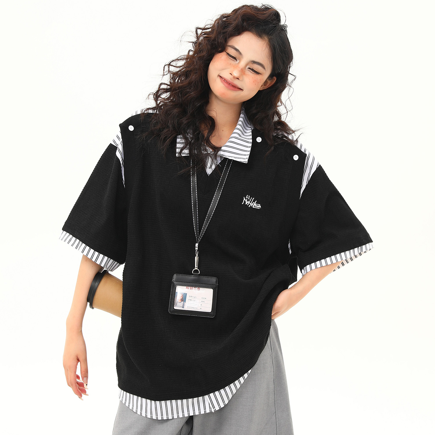 夏季新款美式復古假兩件高級感短袖T恤女學院風寬鬆上衣