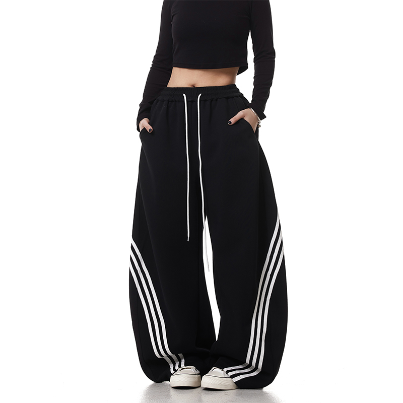 美式復古街頭三條杠闊腿彎刀衛褲加絨寬鬆條紋抽繩爵士舞褲子秋冬