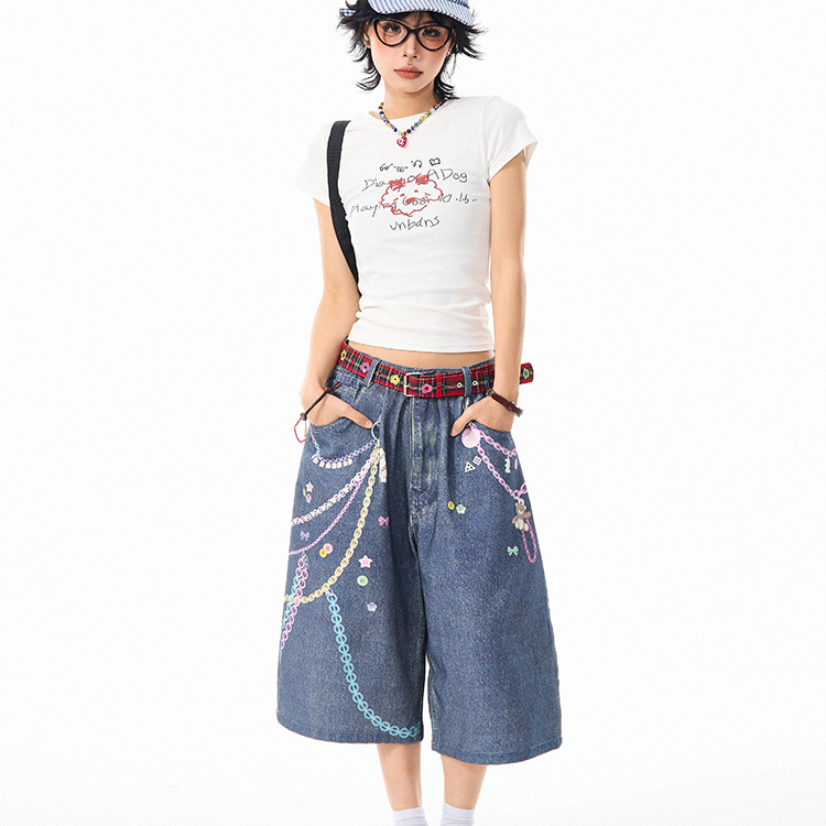 復古趣味印花3D彩色鏈條七分牛仔褲女美式休閒百搭短褲